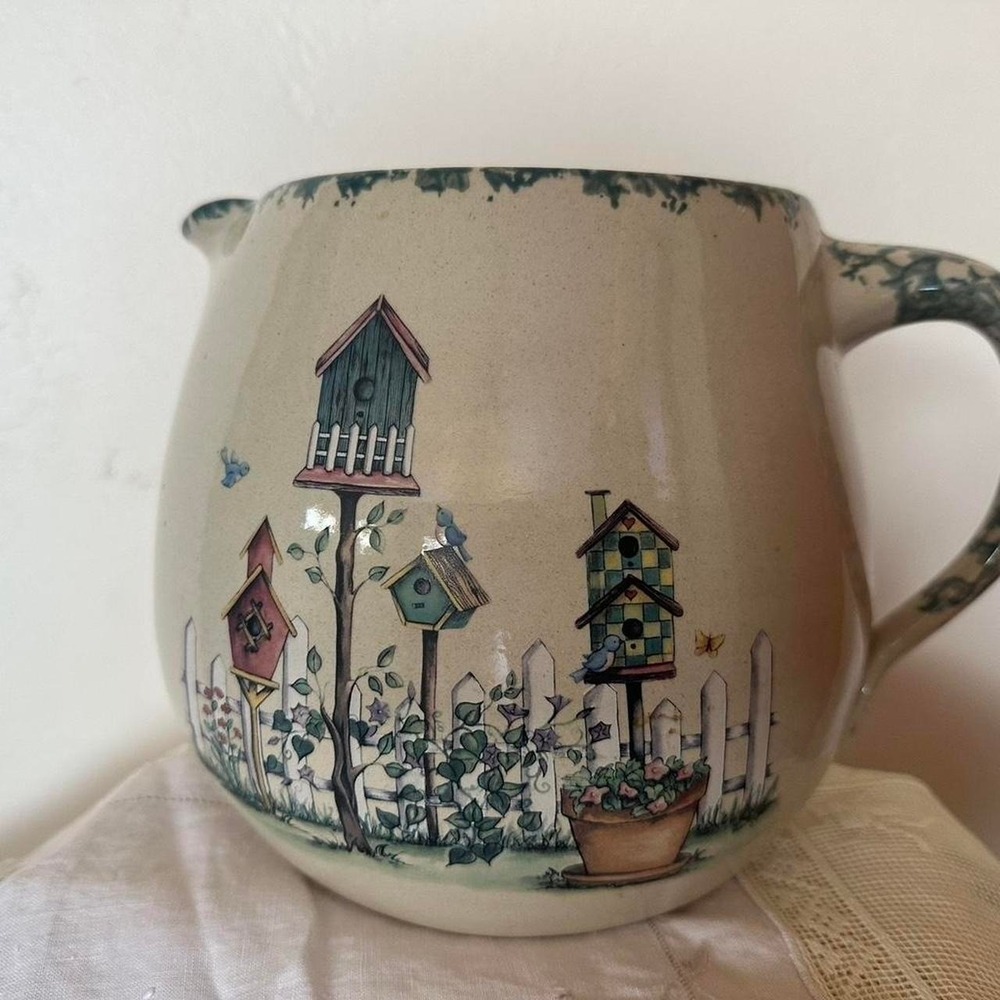 Hand painted ceramic pitcher with birdhouse‎ design signed studio pottery